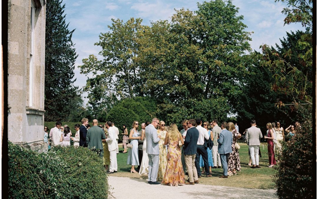 Guests milling outside Elmore Court, 35mm film photo in Portra 160